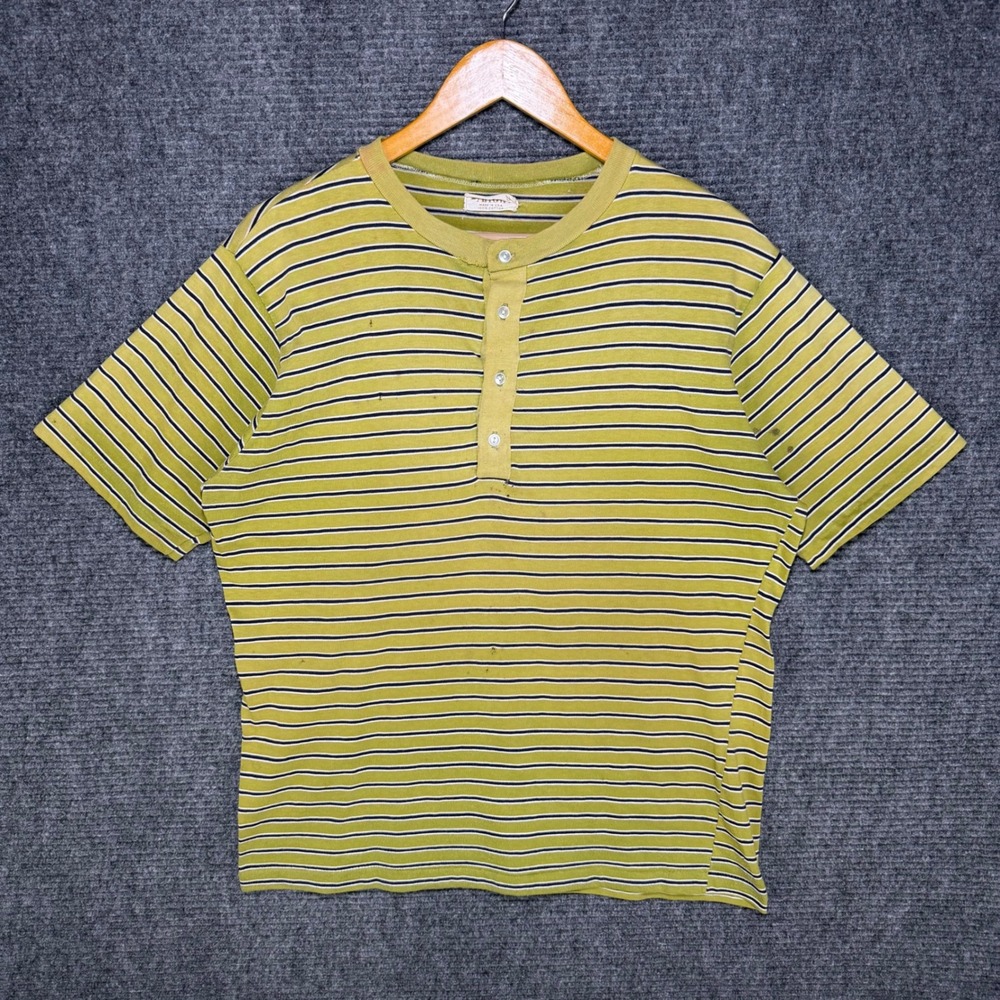 VTG Arrow Henley Shirt Mens Large Green Blue Striped Short Sleeve USA Made